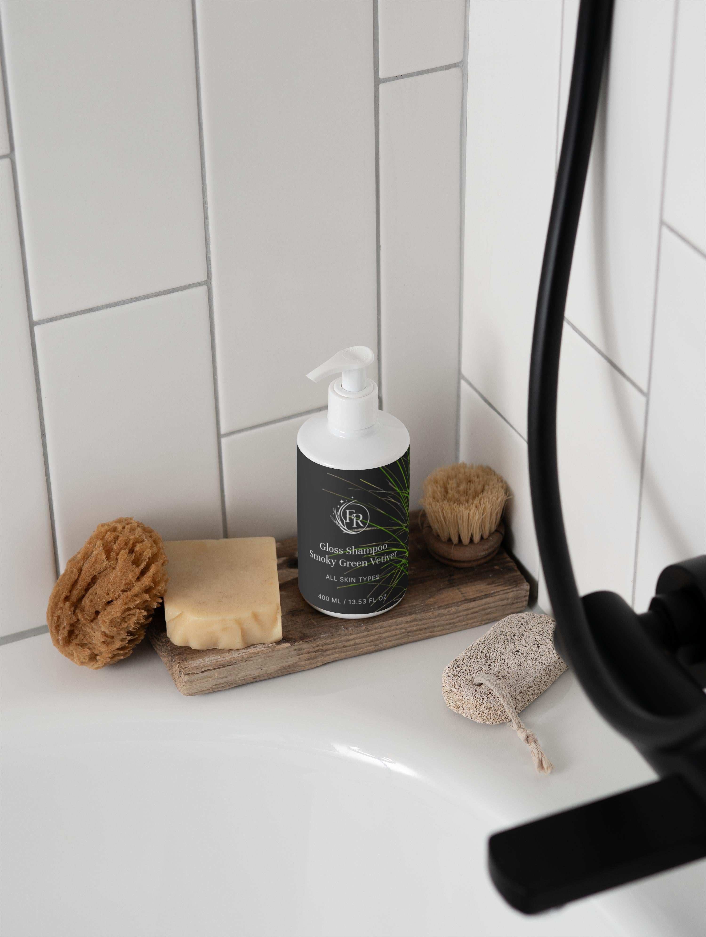 Fa'Ra Gloss Shampoo Smoky Green Vetiver bottle with shiny green label, showcasing vibrant packaging for hair shine and volume.