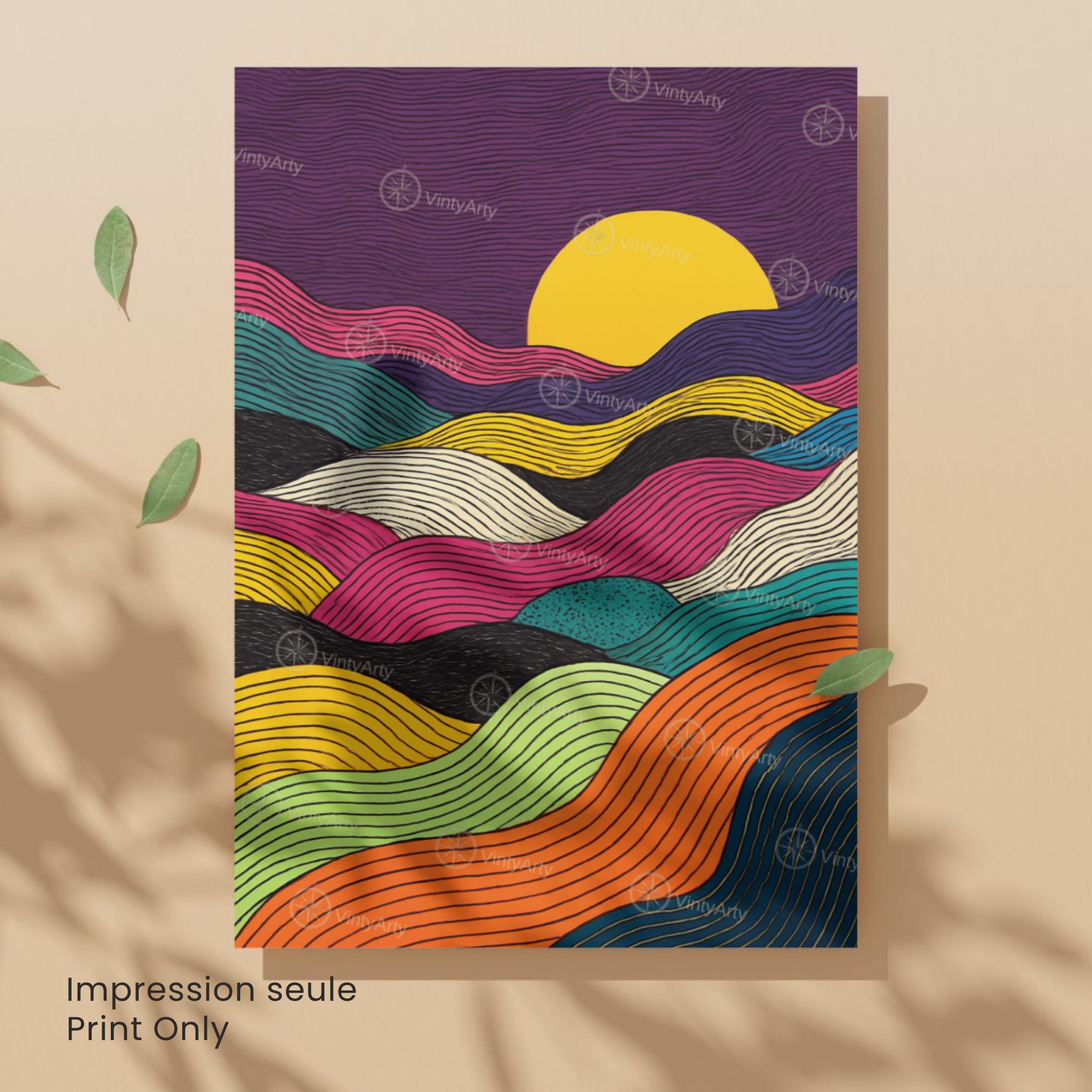 Affiche Abstraite Coucher de Soleil – Lignes Ondulées et Couleurs Vibrantes-5