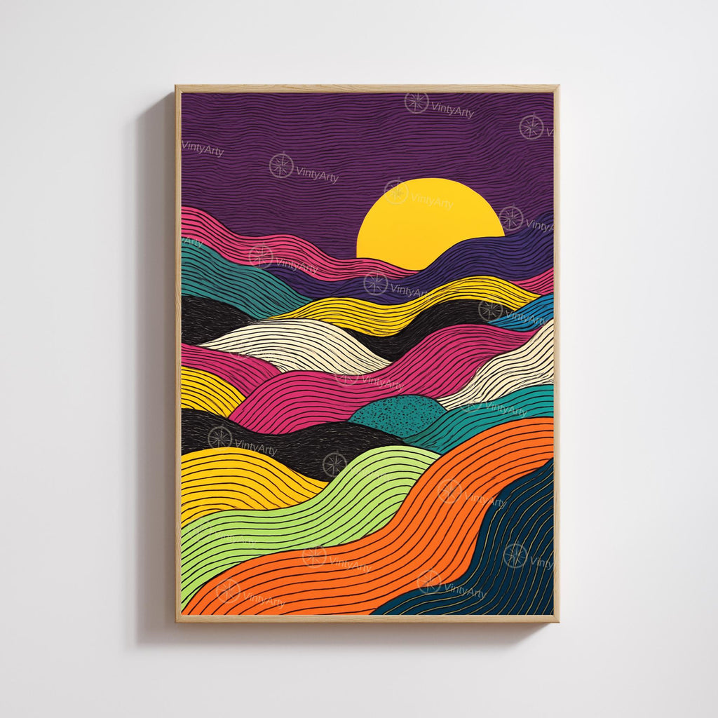 Affiche Abstraite Coucher de Soleil – Lignes Ondulées et Couleurs Vibrantes-0